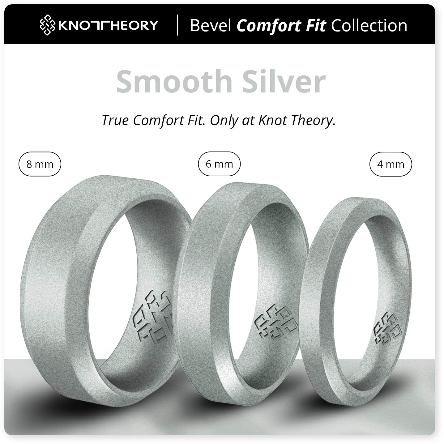 Knot Theory Silver Silicone Ring for Men Women - Breathable Bevel Comfort Fit 4mm Wedding Band Size 4