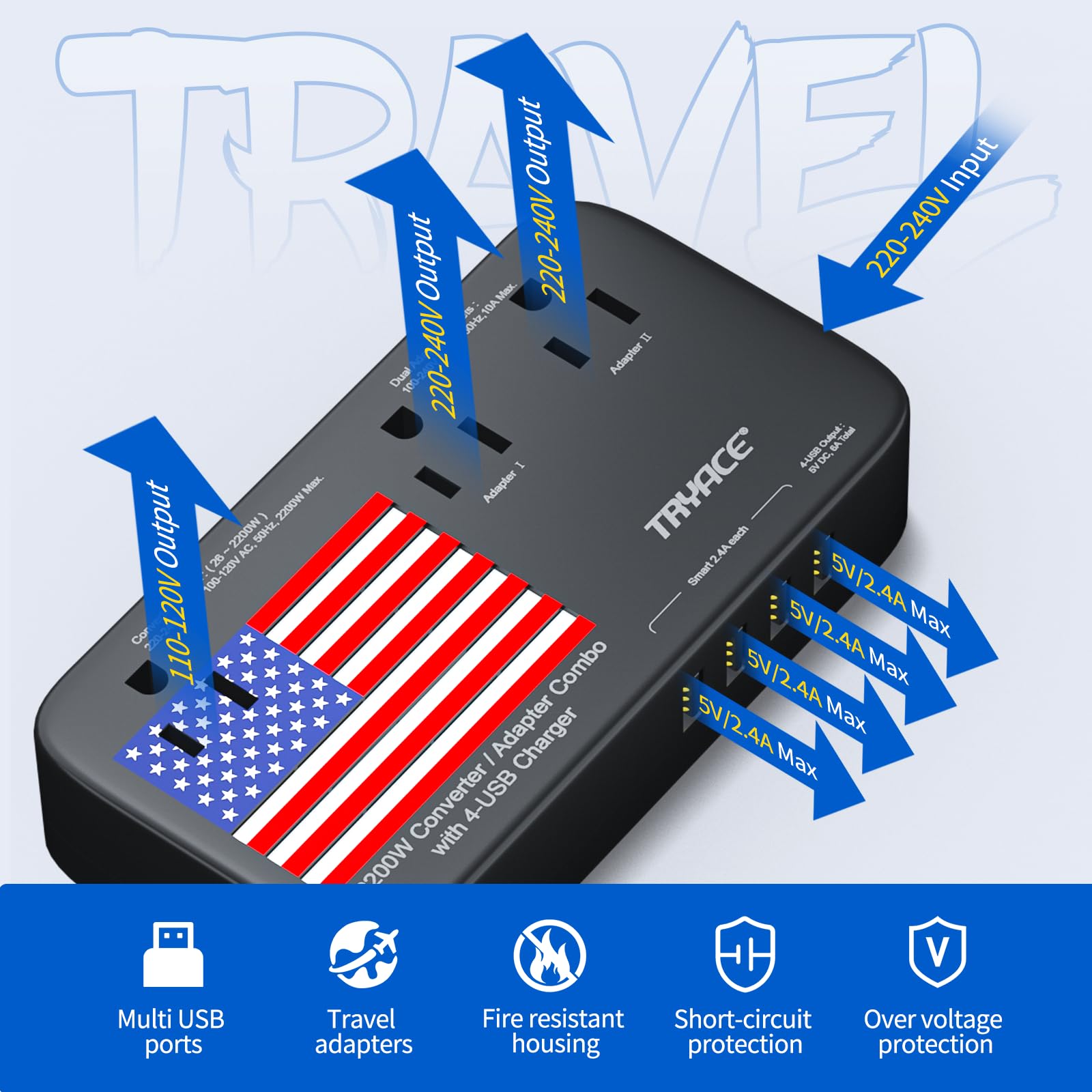 TryAce 2200W Exclusive Voltage Converter and 10A Travel Adapter with 4-Port USB,Power Converter Step Down 220V to 110V for Hair Dryer/Straightener/Curling Iron,US/UK/EU Plug