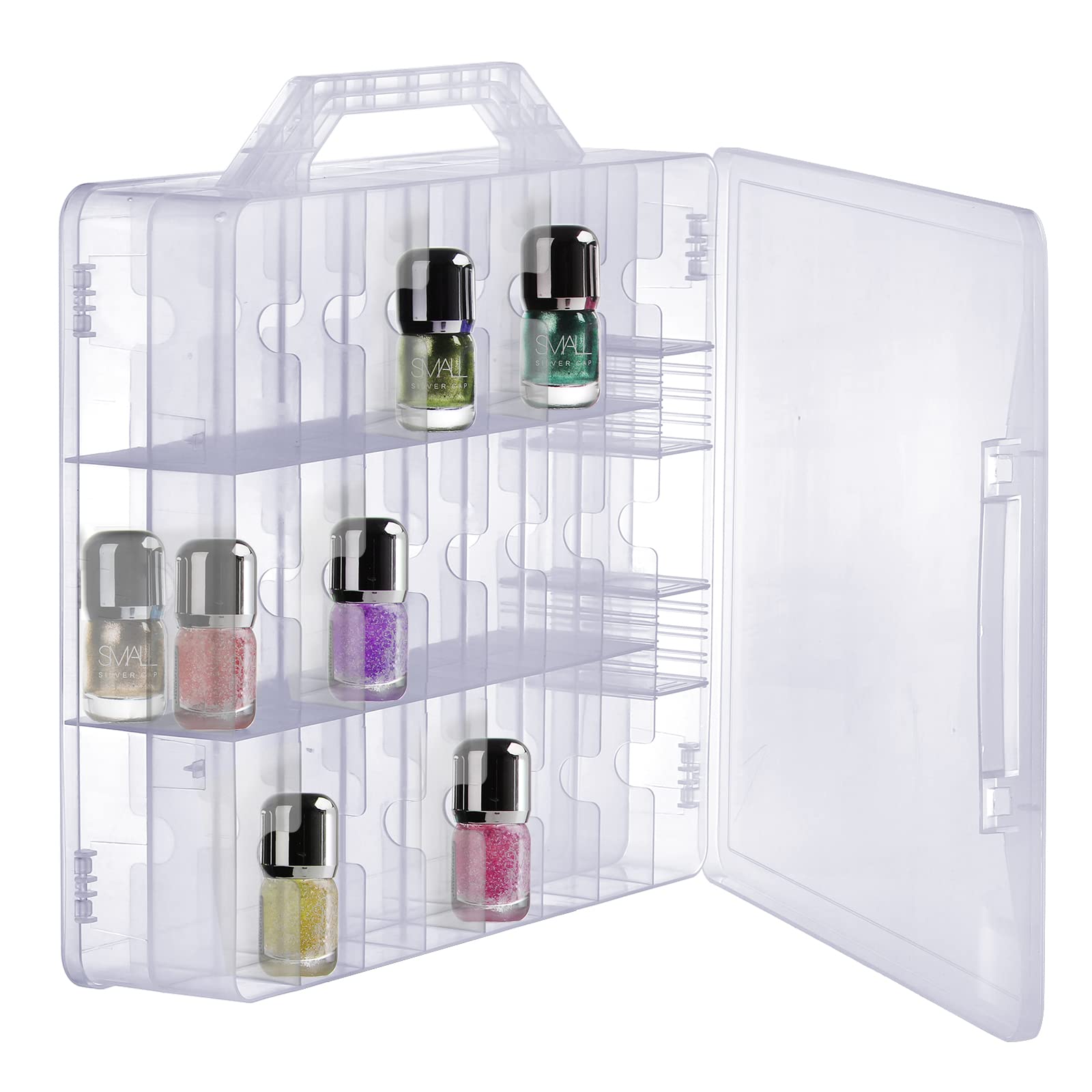 Foraineam 2 Pieces Double Side Universal Clear Nail Polish Organizer Box Nail Tools Holder Case for 48 Bottles with 8 Adjustable Dividers