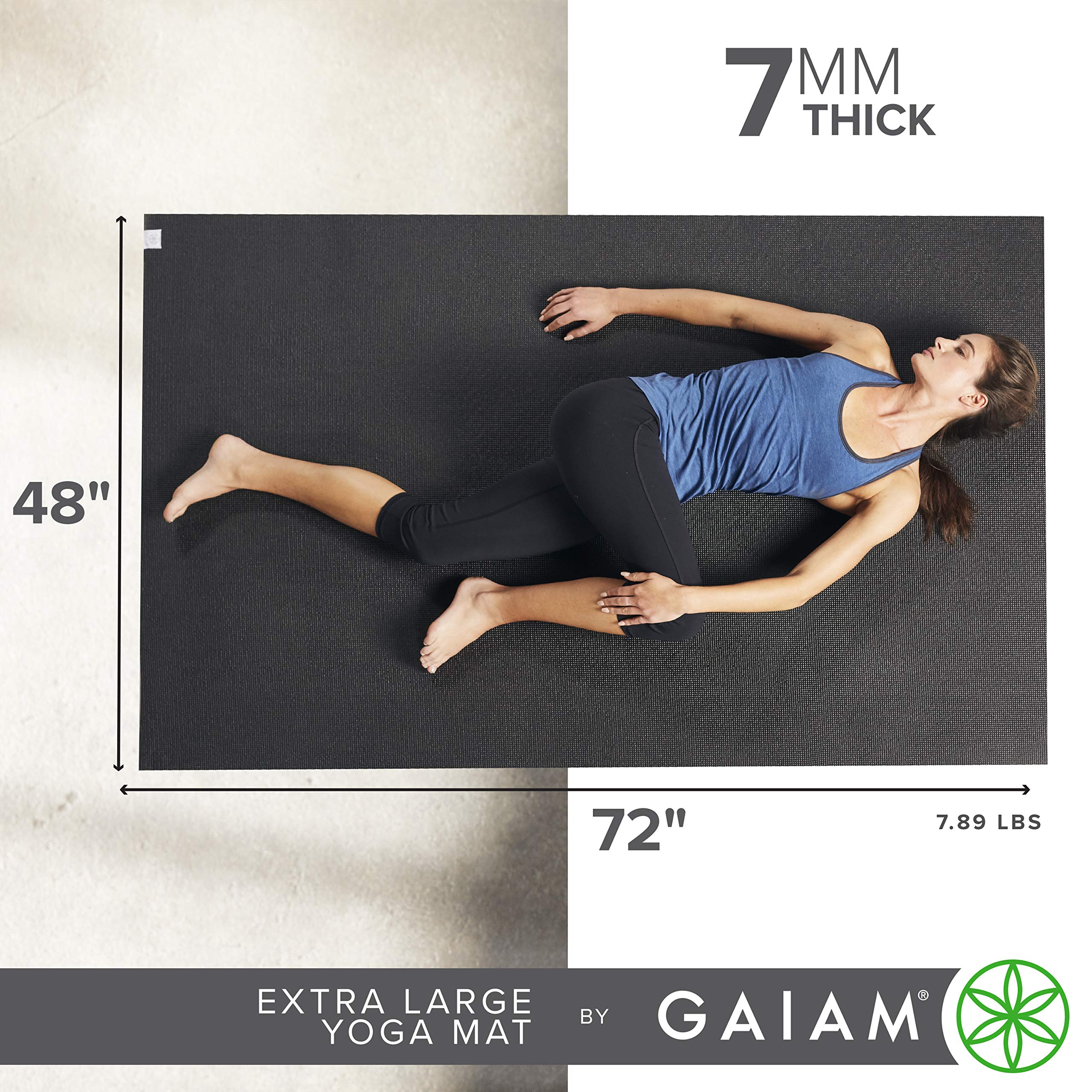 Gaiam Yoga Mat - Large 7mm Thick Yoga Mat for Men & Women | Extra Wide & Long Exercise Mat for Yoga, Pilates, Stretching & Floor Workouts (72" L x 48" W x 7mm) - Black