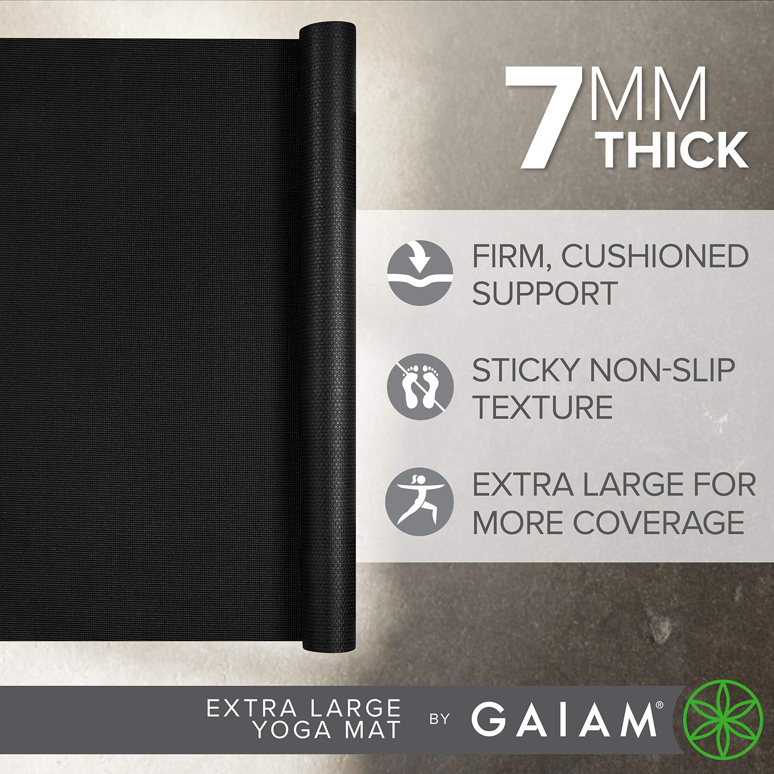 Gaiam Yoga Mat - Large 7mm Thick Yoga Mat for Men & Women | Extra Wide & Long Exercise Mat for Yoga, Pilates, Stretching & Floor Workouts (72" L x 48" W x 7mm) - Black