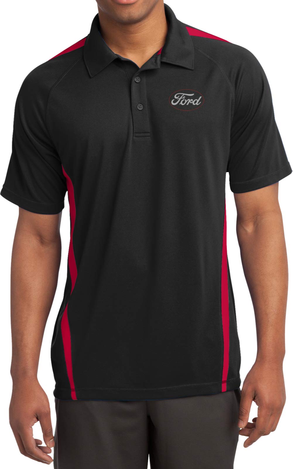 White Ford Oval Pocket Print Colorblock Polo, Black Red 2XL