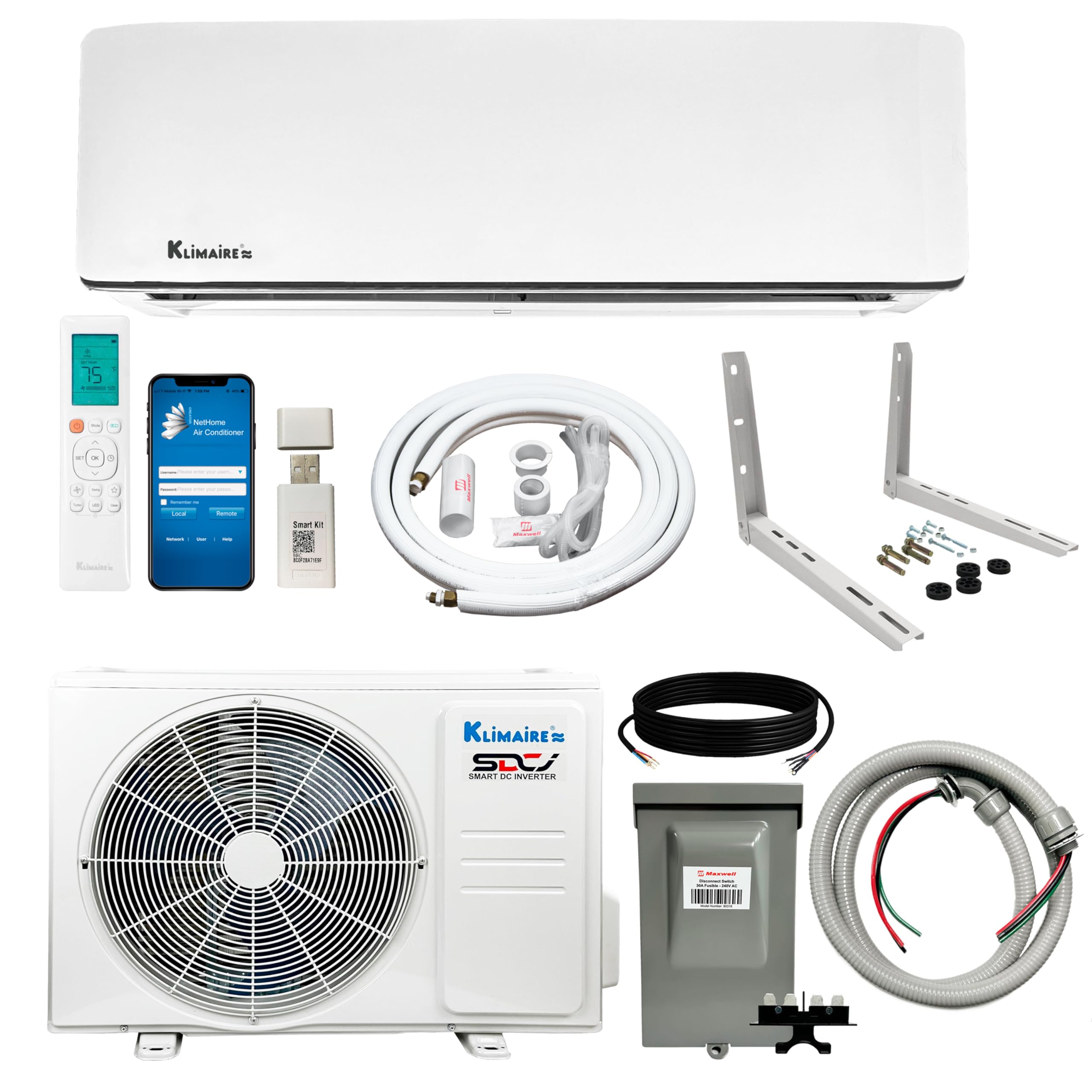 Klimaire 12,000 BTU 20.8 SEER2 Ductless Mini-Split Inverter Air Conditioner Heat Pump System with 15-ft Installation Kit Wall Bracket 115V