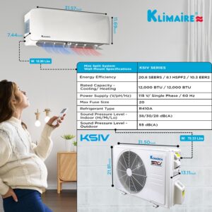 Klimaire 12,000 BTU 20.8 SEER2 Ductless Mini-Split Inverter Air Conditioner Heat Pump System with 15-ft Installation Kit Wall Bracket 115V