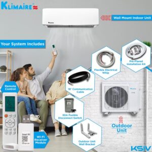 Klimaire 12,000 BTU 20.8 SEER2 Ductless Mini-Split Inverter Air Conditioner Heat Pump System with 15-ft Installation Kit Wall Bracket 115V