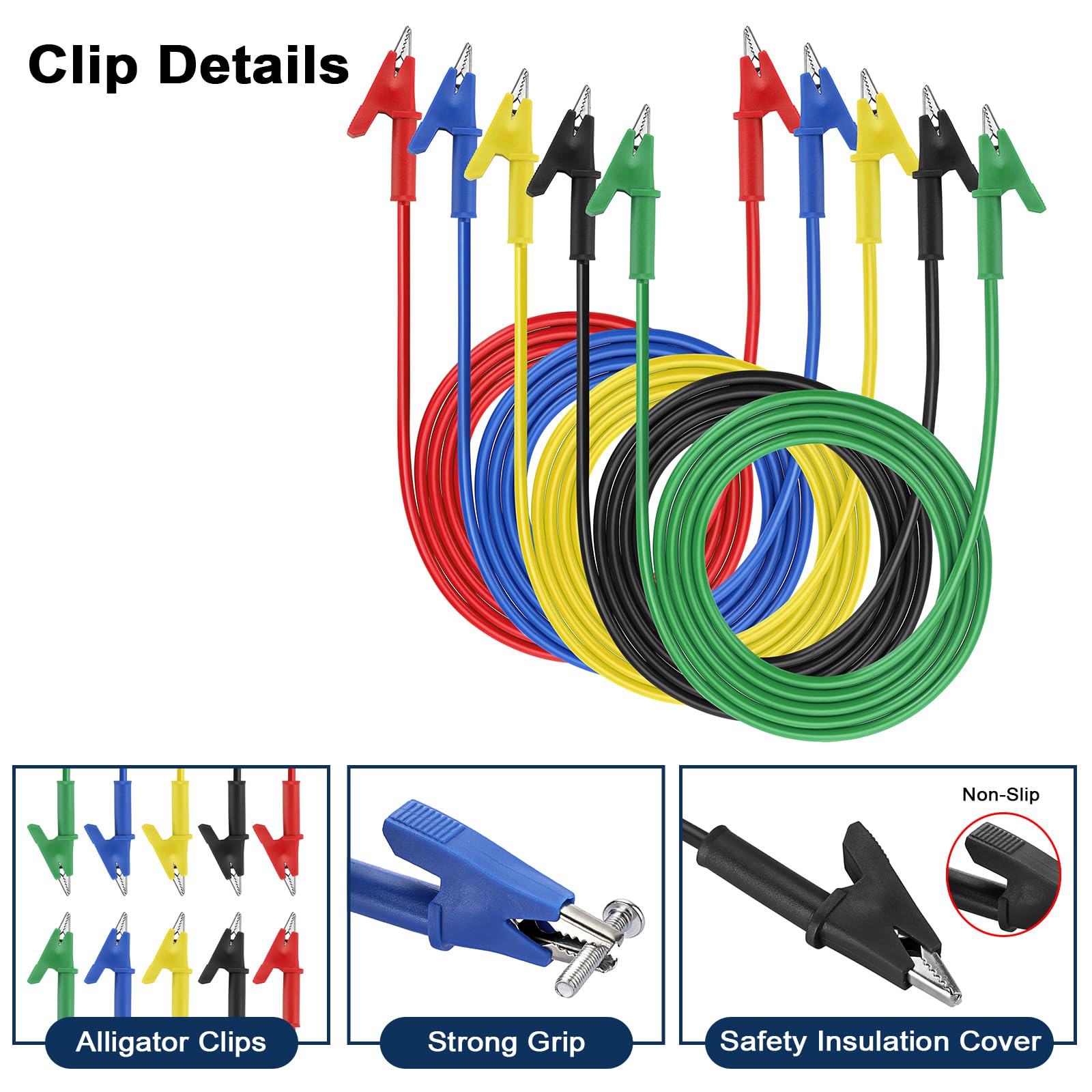 Sumnacon 5 Pcs Dual Ended Crocodile Alligator Clips, 15A Test Lead Wire Cable with Insulators Clips, 5 Colors 3.3 ft/1m Test Flexible Cable with Protective Jack Copper Clamps for Electrical Testing