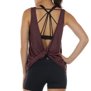 icyzone Workout Tank Tops for Women - Open Back Strappy Athletic Tanks, Yoga Tops, Gym Shirts (L, Burgundy)