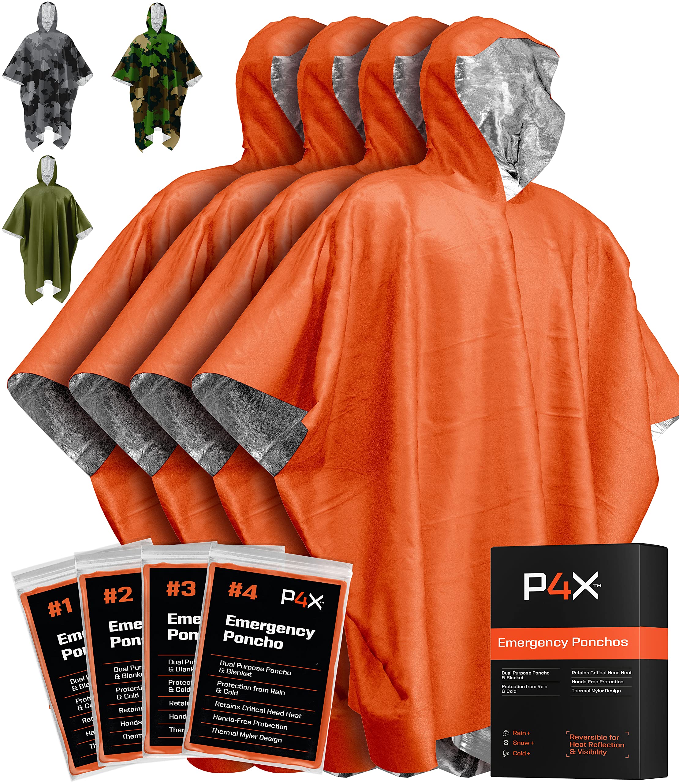 PREPARED4X Emergency Rain Poncho with Mylar Survival Blanket Liner for Car - Heavy Duty, Waterproof Camping Gear, Tactical Prepper Supplies– 4 Pack (Orange)