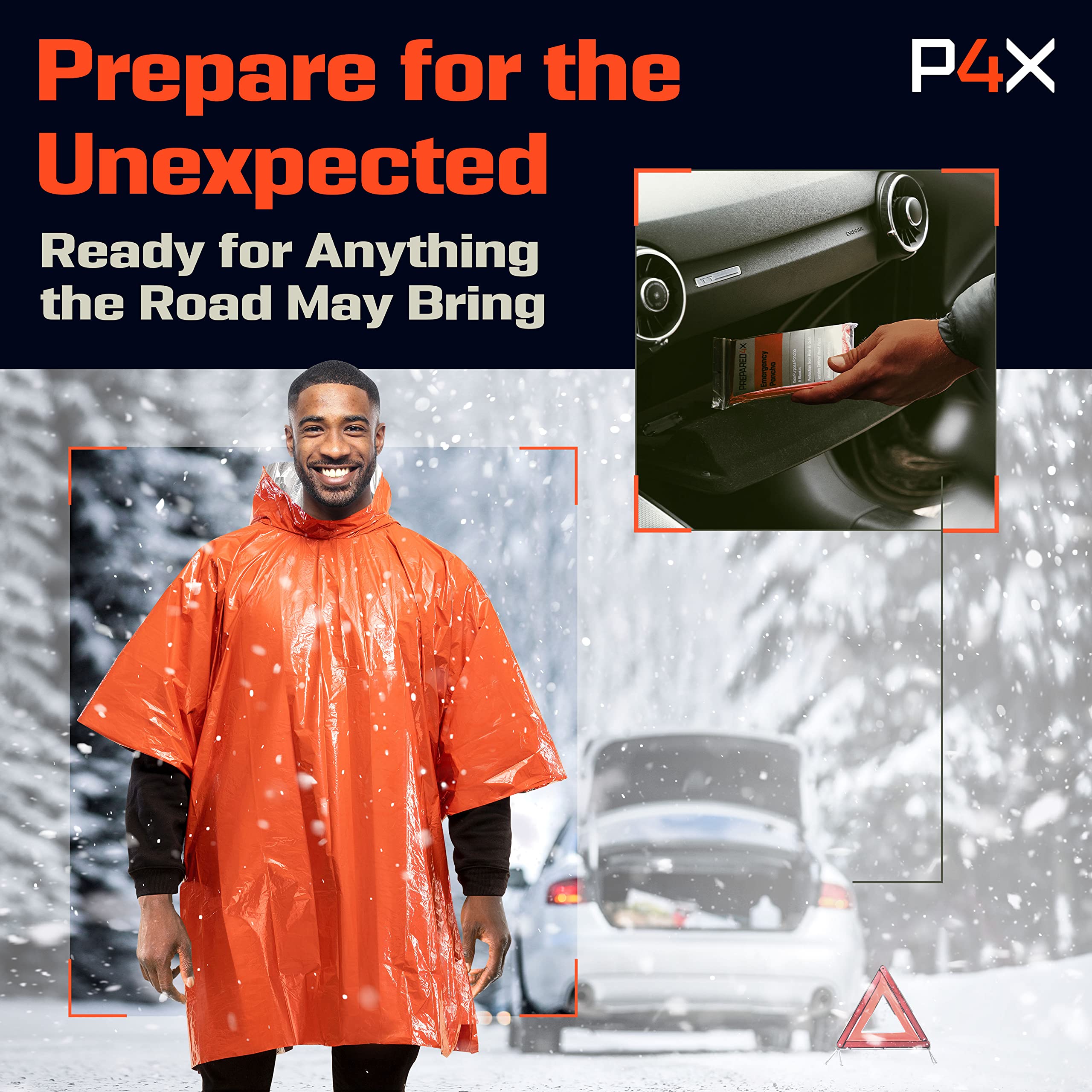 PREPARED4X Emergency Rain Poncho with Mylar Survival Blanket Liner for Car - Heavy Duty, Waterproof Camping Gear, Tactical Prepper Supplies– 4 Pack (Orange)