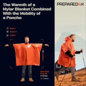 PREPARED4X Emergency Rain Poncho with Mylar Survival Blanket Liner for Car - Heavy Duty, Waterproof Camping Gear, Tactical Prepper Supplies– 4 Pack (Orange)