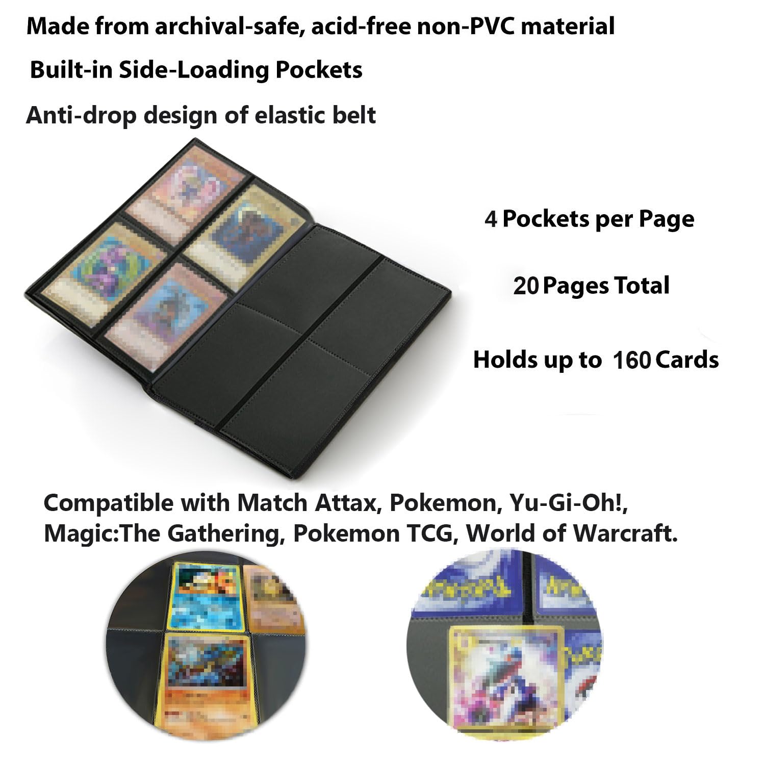 160 Pockets Trading Card Sleeves, Side Loading Pocket Binder, Album Pages Card Collector Coin Holders Wallets Sleeves Set (Black 160)