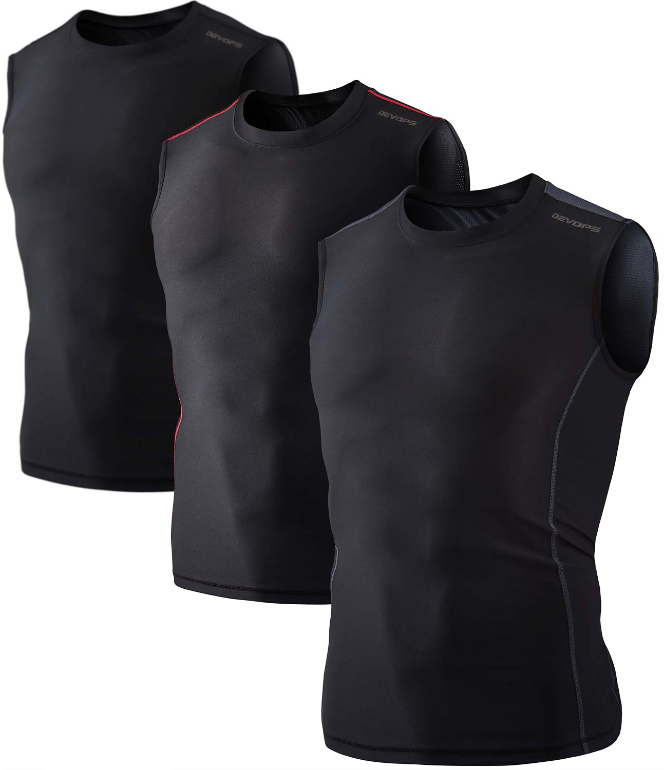 DEVOPS 3 Pack Men's Athletic Compression Mesh Sleeveless Shirts (2X-Large, Black/Black/Black)