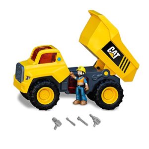 cat construction toys, power action crew 12" dump truck with action figure, lights and sounds, ages 3 and up