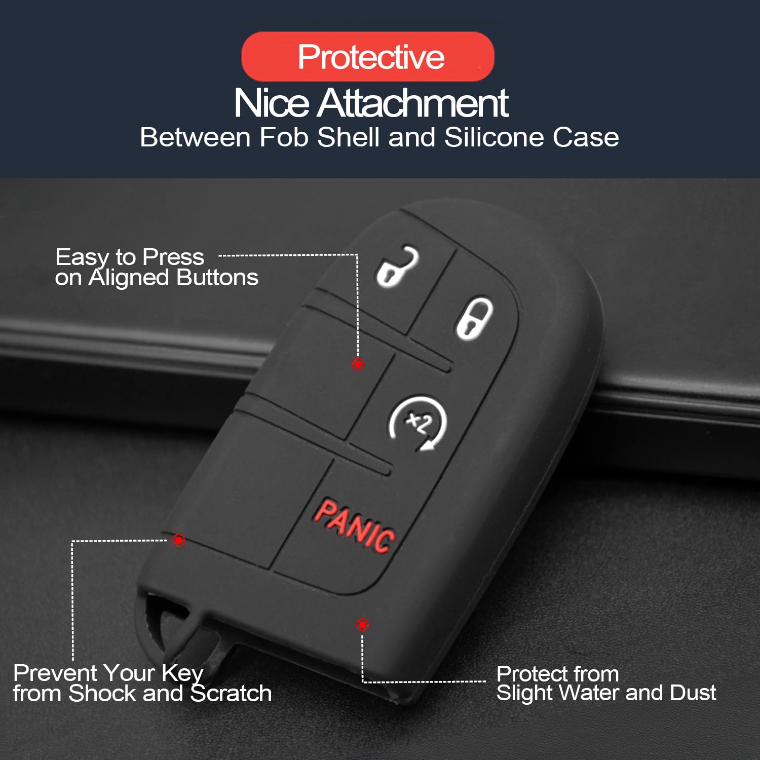 INFIPAR 2pcs Compatible with Jeep Compass Grand Cherokee Renegade Chrysler 300 Dodge Challenger Durango Journey Smart 4 Button Key Fob Cover Case Key Chain Protector Keyless Remote Holder