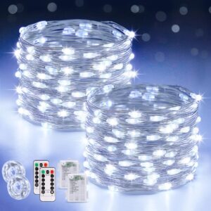 jmexsuss 2 pack white fairy lights battery operated, total 200 led 66ft twinkle lights with remote, 8 mode white christmas string lights for bedroom ceiling centerpiece tree indoor decor