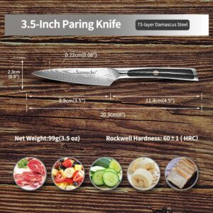 Sunnecko Small Kitchen Knife Japanese Paring Knife 3.5 Inch, Damascus Knife Full Tang, Fruit Knife Dishwasher Safe VG-10 High Carbon Stainless Steel with G10 Handle