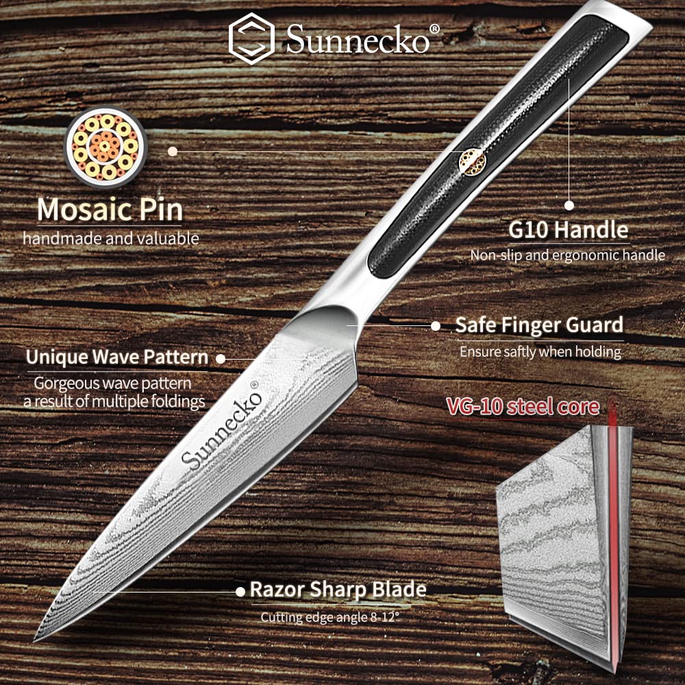 Sunnecko Small Kitchen Knife Japanese Paring Knife 3.5 Inch, Damascus Knife Full Tang, Fruit Knife Dishwasher Safe VG-10 High Carbon Stainless Steel with G10 Handle