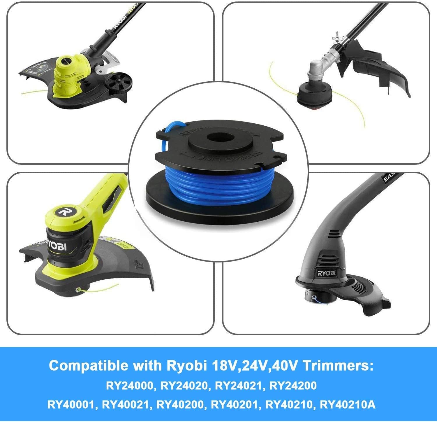 Eyoloty AC14RL3A String Trimmer Replacement Line for Ryobi One+18v, 24v, 40v Cordless Trimmers,11ft 0.065" Auto Feed Cordless Weed Eater Spools Line with AC14HCA Cap Covers Parts(6 Spools, 1 Cap)