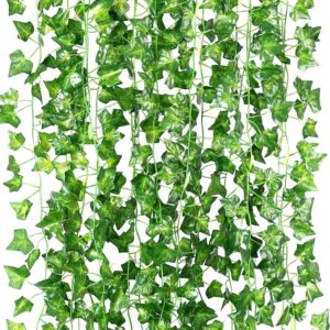 zwyoqi 168 feet artificial vines greenery garland fake hanging leaves faux foliage plants for wedding party garden home kitchen office wall decorations (watermelon/24 strands)