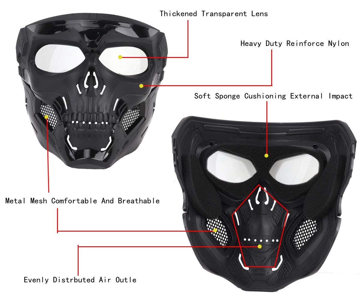 JFFCESTORE Tactical Mask and Fast Helmet,Protective Full Face Clear Goggle Skull mask Dual Mode Wearing Design, Adjustable Helmet Chin Strap Large Size for Adult (Mask+Helmet Black)