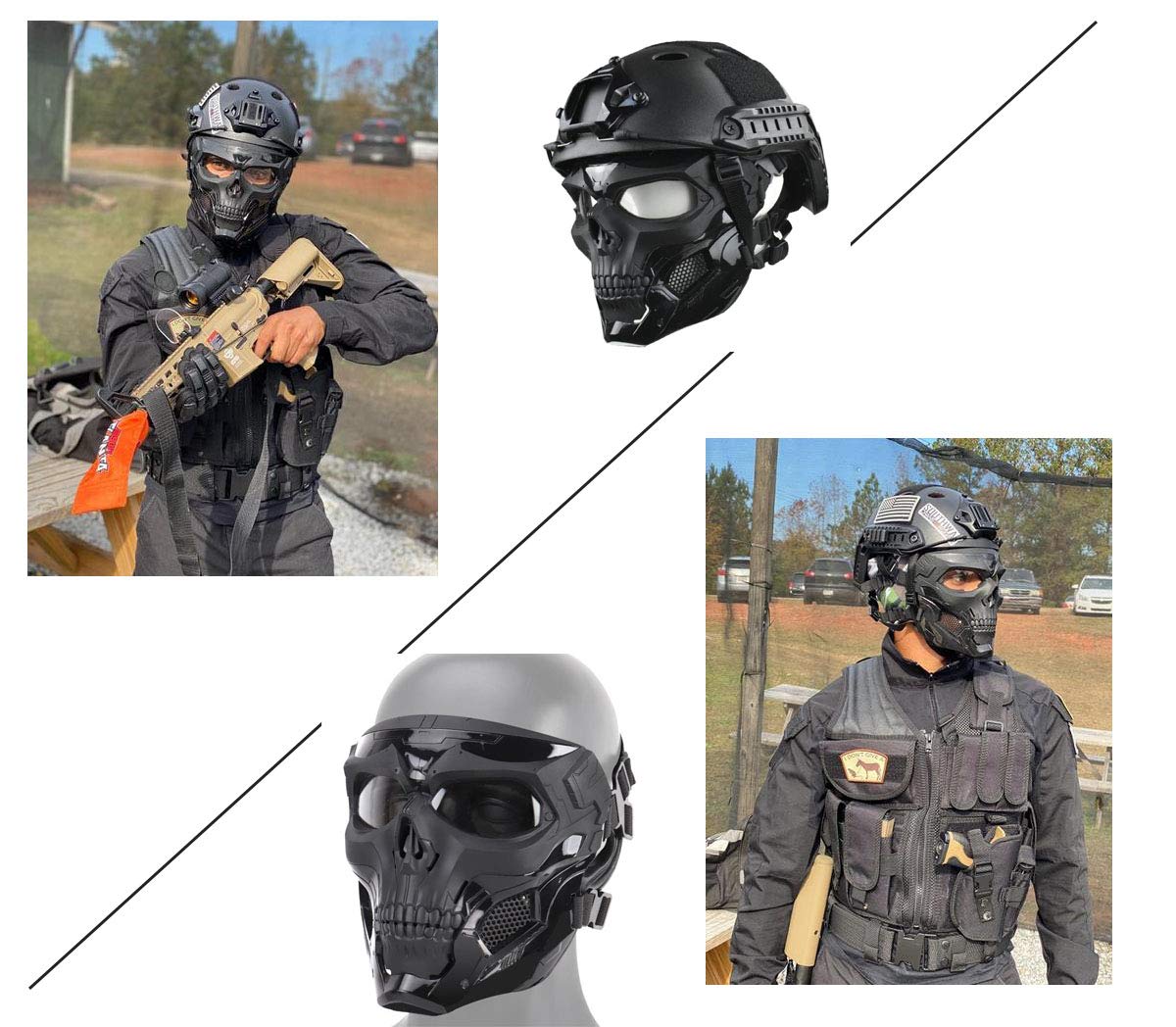 JFFCESTORE Tactical Mask and Fast Helmet,Protective Full Face Clear Goggle Skull mask Dual Mode Wearing Design, Adjustable Helmet Chin Strap Large Size for Adult (Mask+Helmet Black)