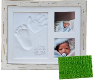 baby mushroom farmhouse baby hand & footprint picture frame keepsake kit - rustic 9" x 11" distressed wood frame, clay, & stencil for newborns, new mom, registry gift