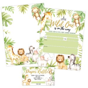 your main event prints jungle baby shower invitations, safari elephant, giraffe, lion and monkey baby shower invites with diaper raffles cards, sprinkle, 20 invites including envelopes
