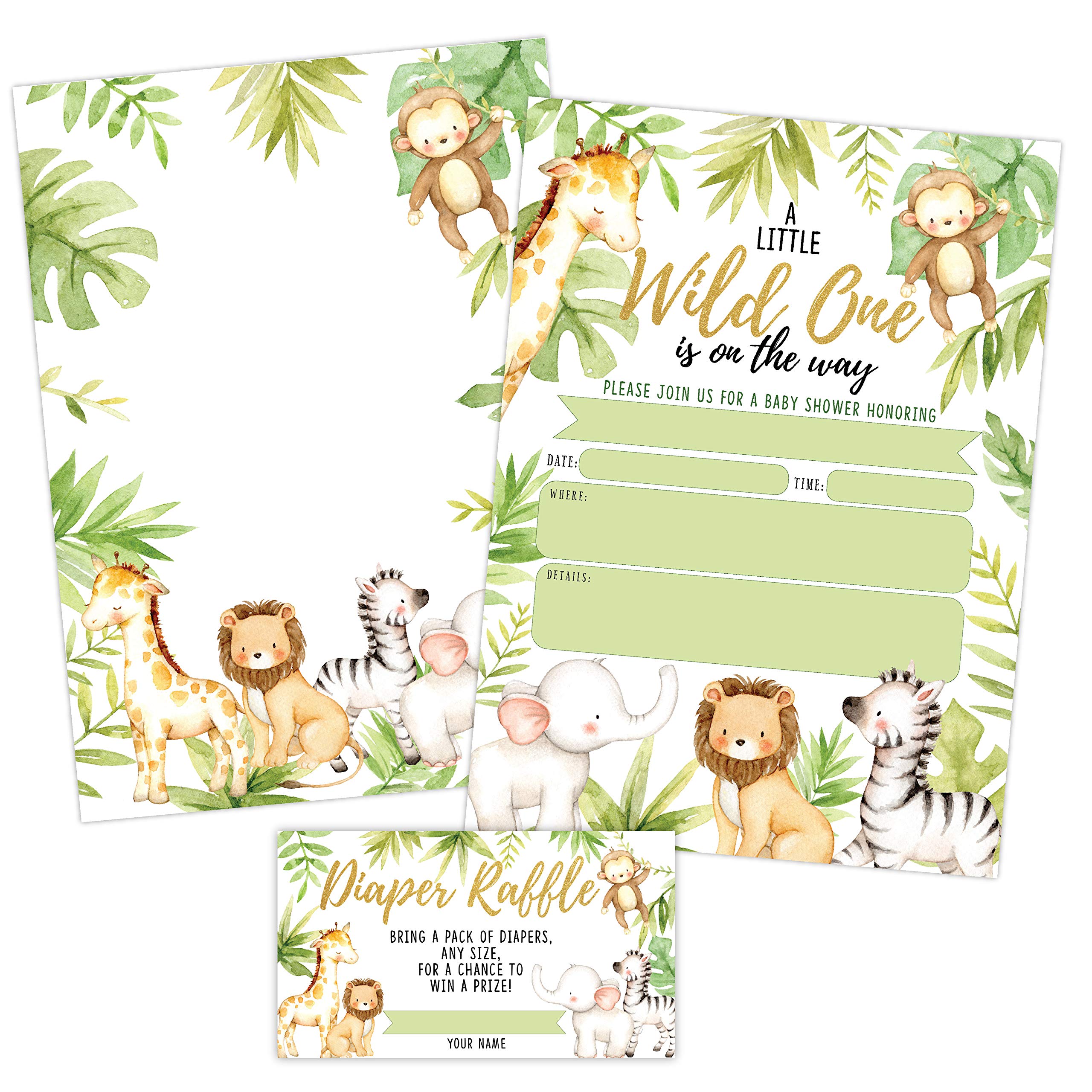 Your Main Event Prints Jungle Baby Shower Invitations, Safari Elephant, Giraffe, Lion and Monkey Baby Shower Invites with Diaper Raffles Cards, Sprinkle, 20 Invites Including Envelopes