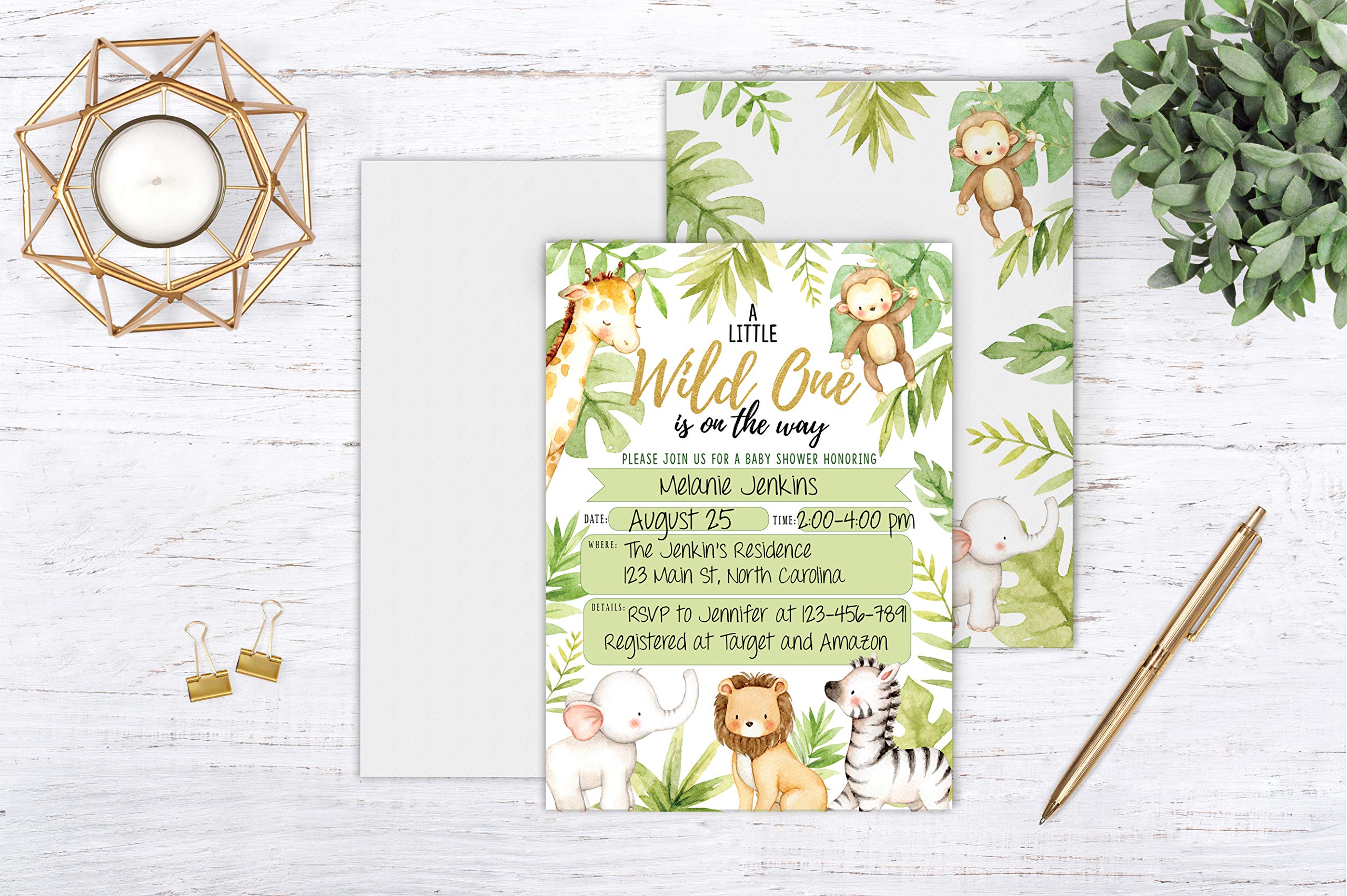 Your Main Event Prints Jungle Baby Shower Invitations, Safari Elephant, Giraffe, Lion and Monkey Baby Shower Invites with Diaper Raffles Cards, Sprinkle, 20 Invites Including Envelopes