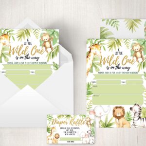 Your Main Event Prints Jungle Baby Shower Invitations, Safari Elephant, Giraffe, Lion and Monkey Baby Shower Invites with Diaper Raffles Cards, Sprinkle, 20 Invites Including Envelopes