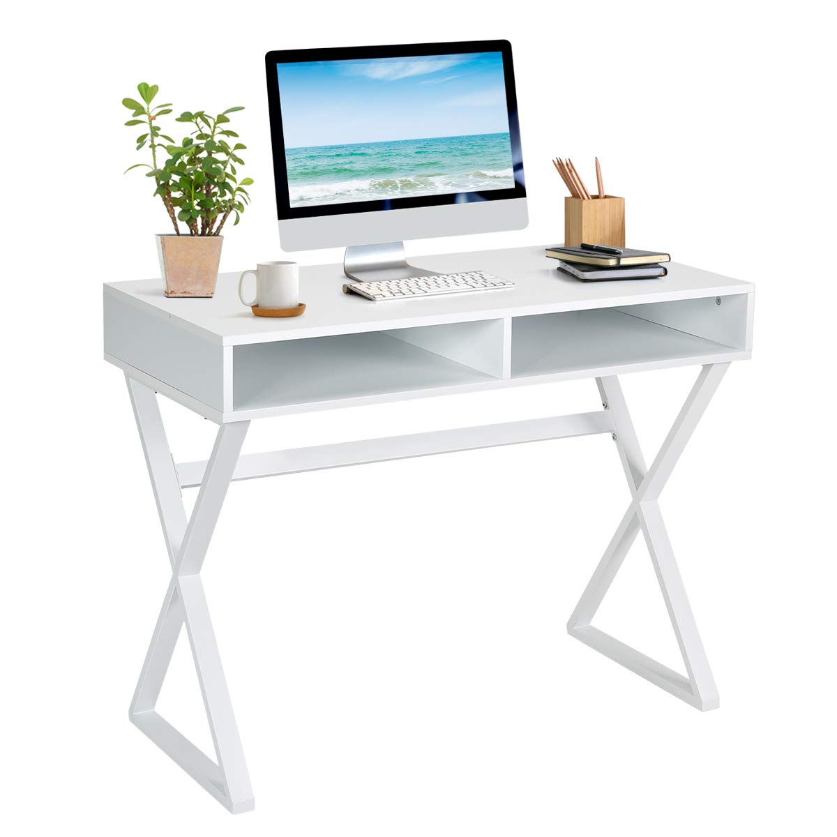 Tangkula White Desk with Storage, Makeup Vanity Table for Bedroom, Multifunctional Study Table with 2 Storage Compartments, Writing Desk for Home Office