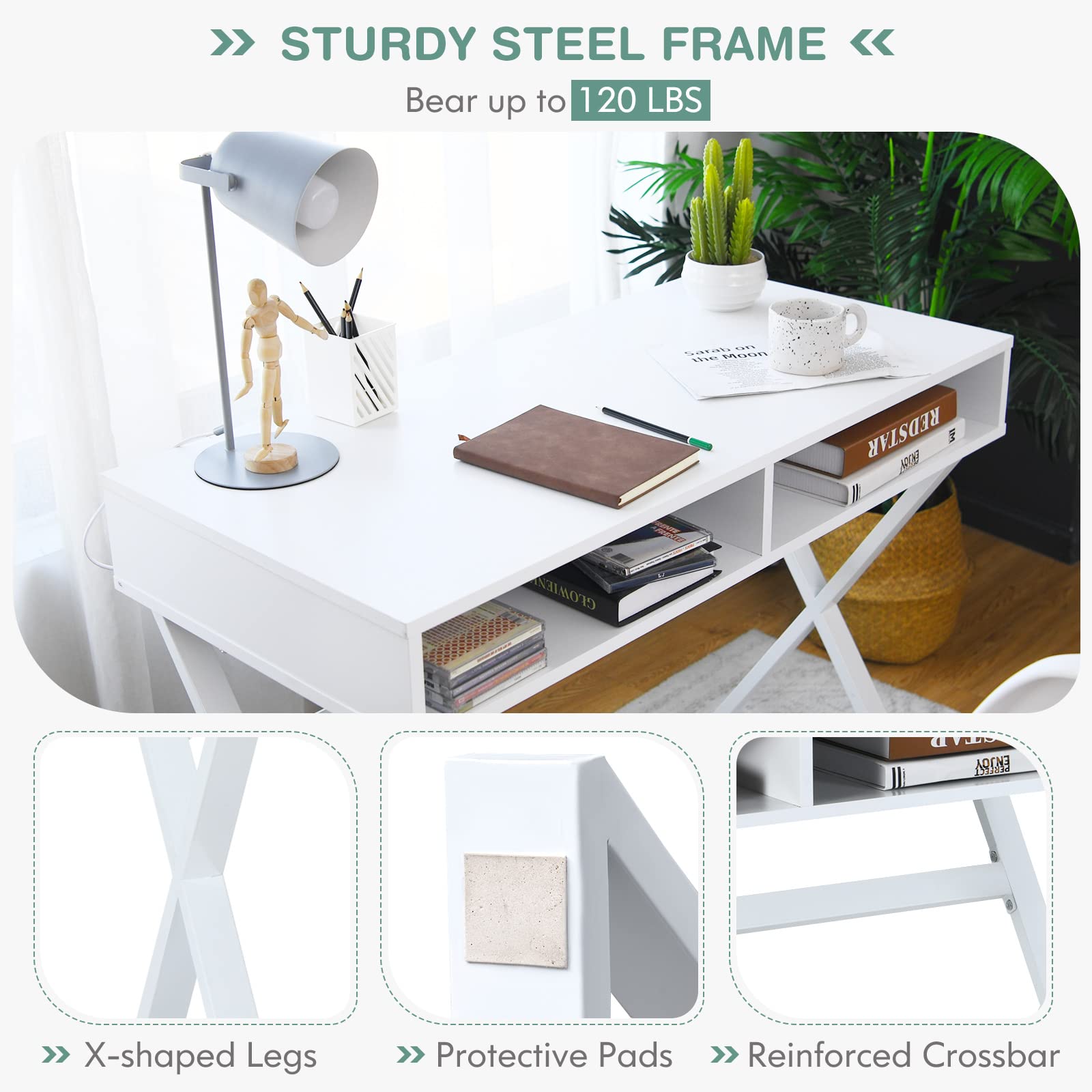 Tangkula White Desk with Storage, Makeup Vanity Table for Bedroom, Multifunctional Study Table with 2 Storage Compartments, Writing Desk for Home Office