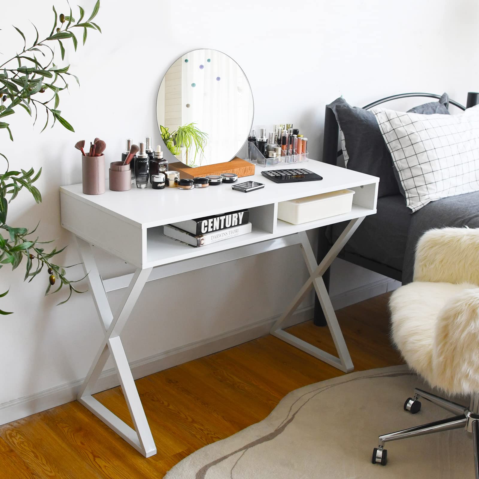 Tangkula White Desk with Storage, Makeup Vanity Table for Bedroom, Multifunctional Study Table with 2 Storage Compartments, Writing Desk for Home Office