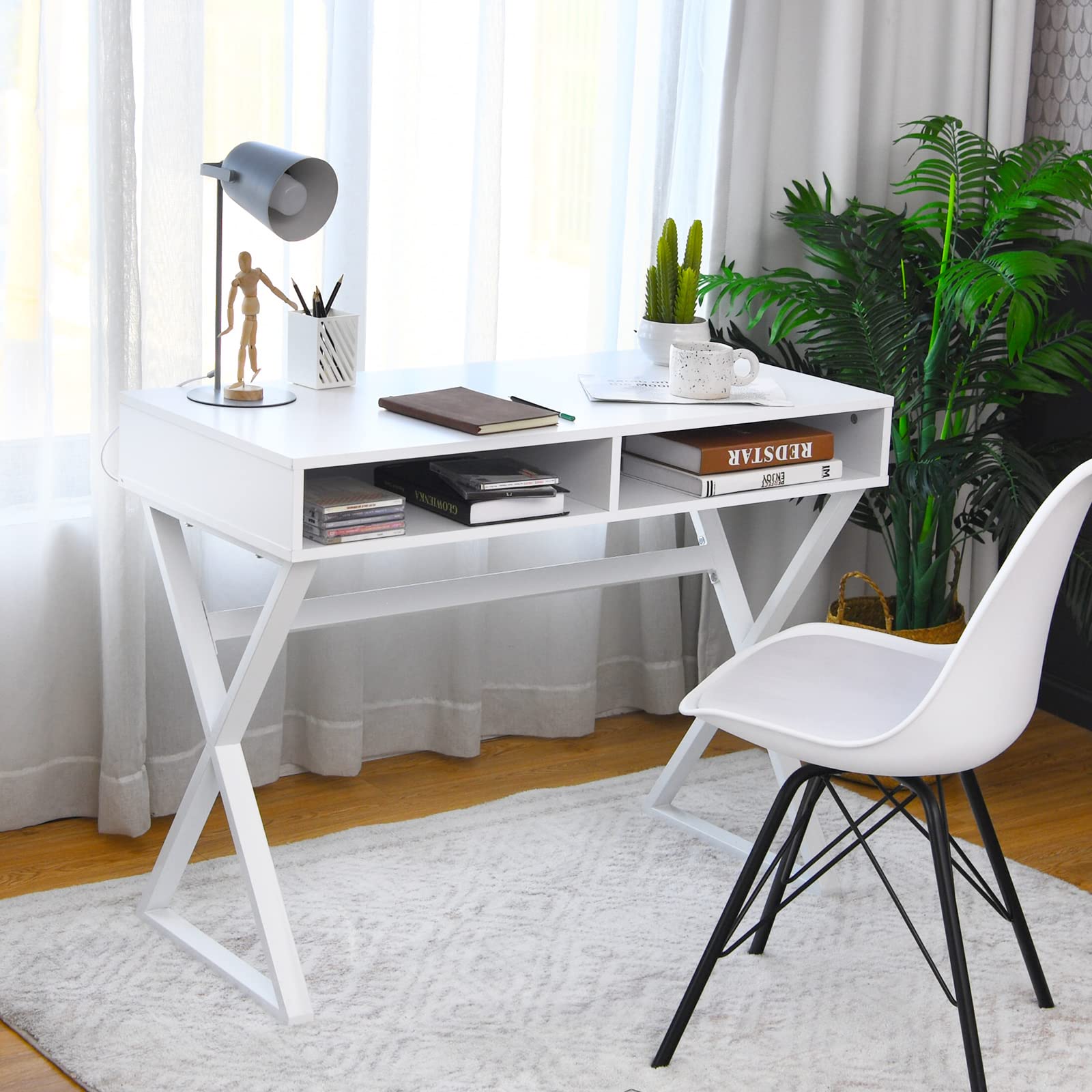 Tangkula White Desk with Storage, Makeup Vanity Table for Bedroom, Multifunctional Study Table with 2 Storage Compartments, Writing Desk for Home Office