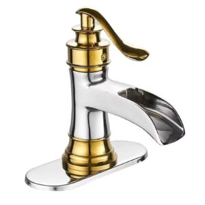 homevacious bathroom faucet waterfall single handle chrome and gold vanity with pop up drain with overflow one hole lever bath sink basin restroom mixer tap commercial supply line lead-free