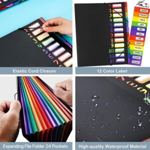 Edufun Rainbow Tab Expanding File Folder - 24 Pockets, Durable A4 Letter Size Organizer, Water-Resistant Plastic Dividers, Home/Office/School Document Holder (Black)