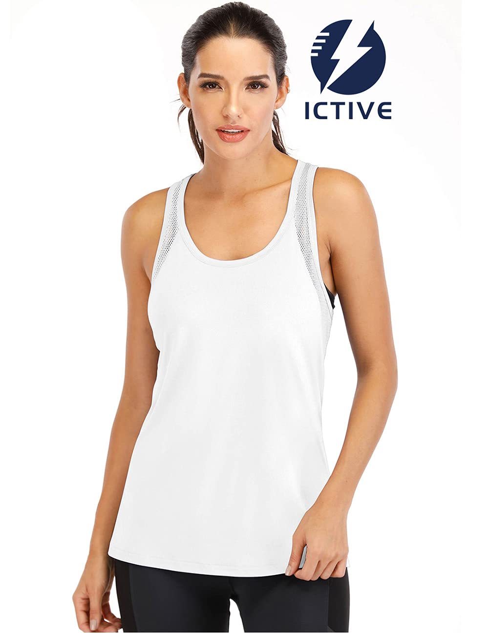 ICTIVE Women's Mesh Racerback Tank Top - Loose Fit Yoga, Gym, Running Activewear, White M