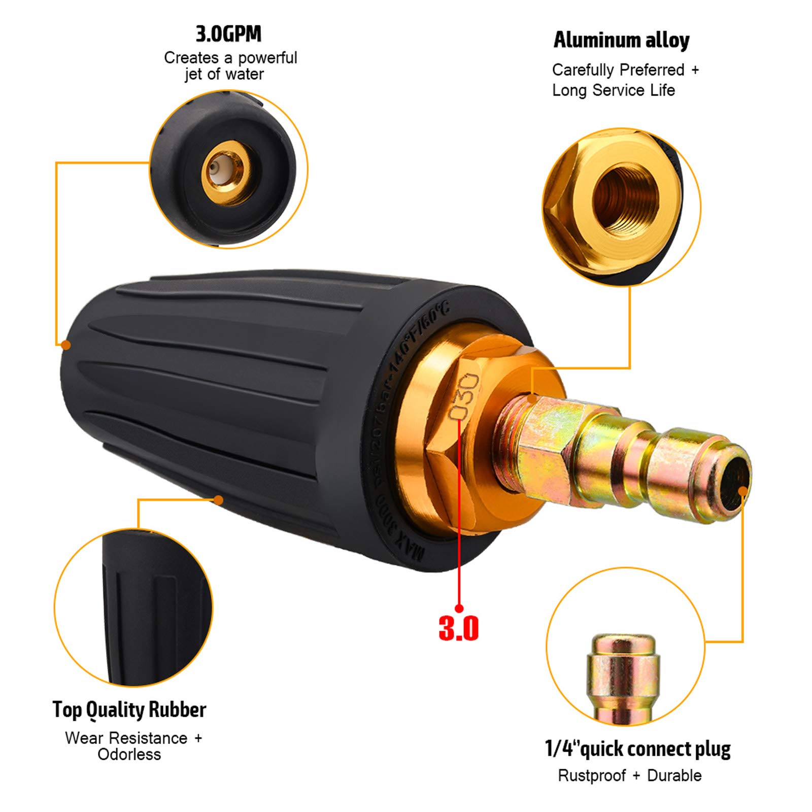 Pressure Washer Turbo Tip 3000PSI Turbo Nozzle Kit 360° Rotating Presure Washer Turbo Nozzles 1/4'' Quick Connect with 5 Nozzle Tips Kit Multiple Degrees(0, 15, 25, 40,Soap) 3.0 GPM 3.0 Orifice