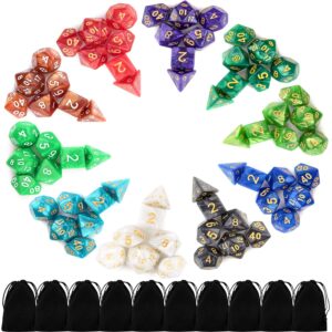 10 x 7 polyhedral dice set (70 pieces) for dungeons and dragons dnd rpg mtg table games d4 d6 d8 d10 d% d12 d20 with 10 pack black bags, 10 colors