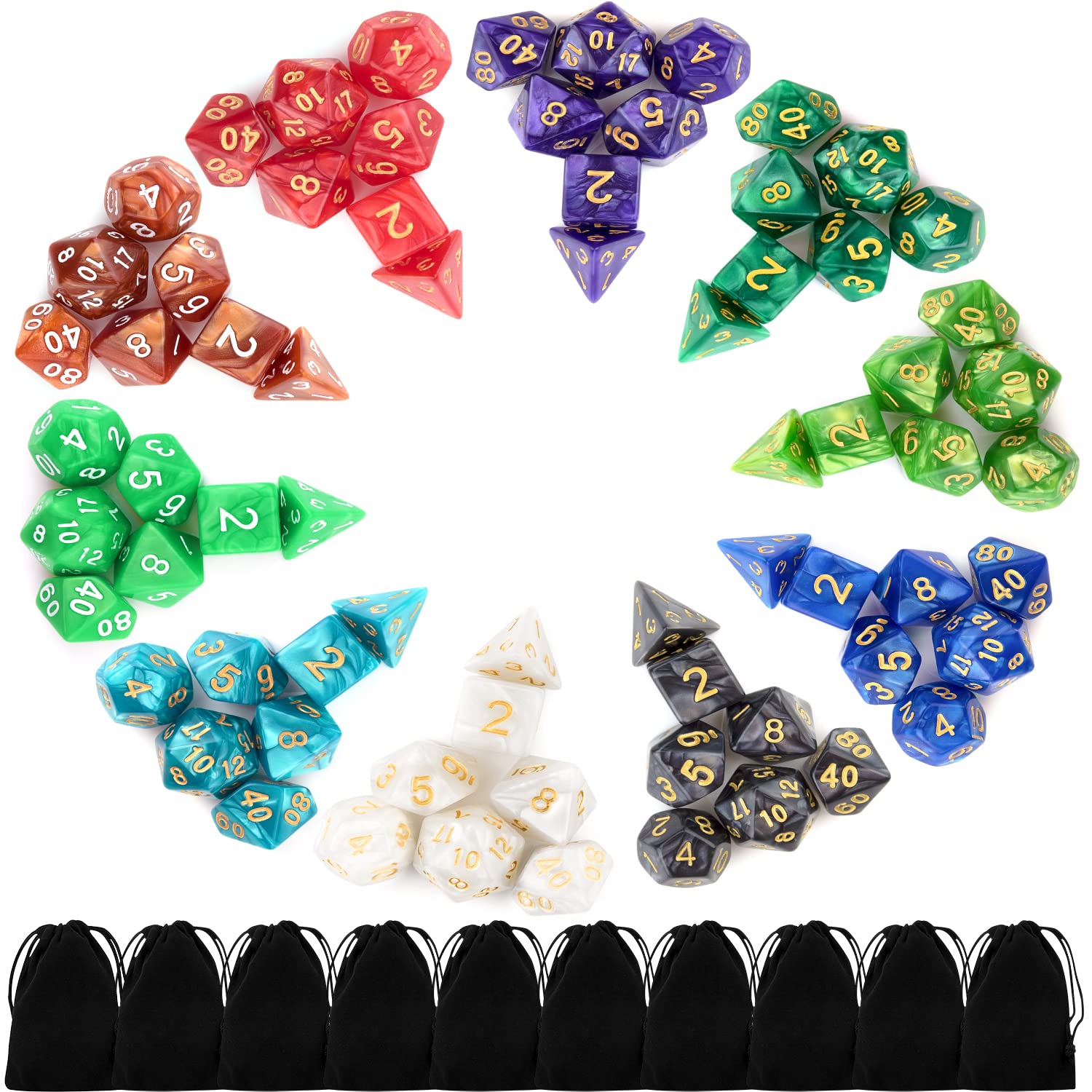 10 X 7 Polyhedral Dice Set (70 Pieces) for Dungeons and Dragons DND RPG MTG Table Games D4 D6 D8 D10 D% D12 D20 with 10 Pack Black Bags, 10 Colors