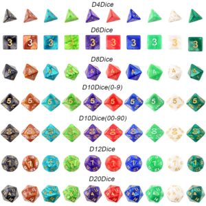 10 X 7 Polyhedral Dice Set (70 Pieces) for Dungeons and Dragons DND RPG MTG Table Games D4 D6 D8 D10 D% D12 D20 with 10 Pack Black Bags, 10 Colors