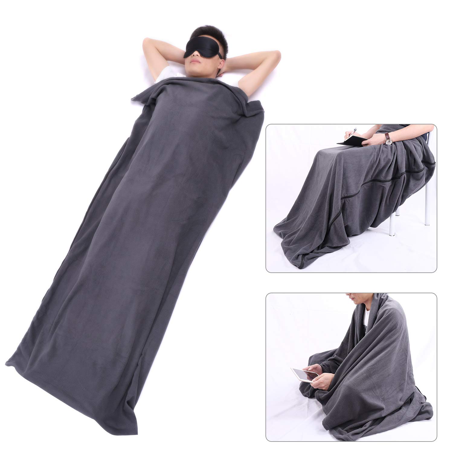 Fleece Sleeping Bag Liner Travel Sheet Camping Sleep Sack Ultralight Zippered Storage Bag Full Sized Zipper Backpacking Blanket for Traveling, Camping, Hiking, Outdoor Activities (Grey)