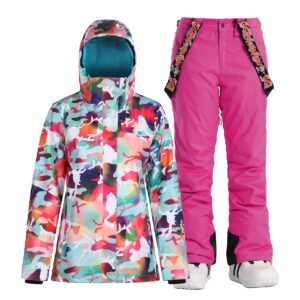 gsou snow womens ski jackets and pants set snowsuit snowboarding warm winter coat hooded waterproof windproof insulated,pink camouflage,m