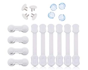 18 pieces baby safety proofing kit- 6 strong, sturdy adjustable latches (bonus extra 6x3m adhesives) + 4 cabinet locks+ 4 corner protectors and 4 electrical socket plugs- no tools needed! (white, 18)