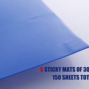 Cleanroom Sticky Mats with Base Pad, Include 5 Tacky Mats of 30 Sheets (150 Sheets Total) & 1 Non-Slip Hard Plastic Frame, Size 24x36 Inches, 50 Microns Per Sheet, Repositionable, Blue