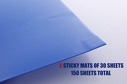 Cleanroom Sticky Mats with Base Pad, Include 5 Tacky Mats of 30 Sheets (150 Sheets Total) & 1 Non-Slip Hard Plastic Frame, Size 24x36 Inches, 50 Microns Per Sheet, Repositionable, Blue