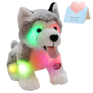 athoinsu light up husky dog stuffed animal soft glowing plush puppy toy with magic led night lights valentine's day children's day birthday for toddler kids, 8''