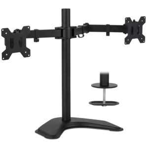 mount-it! dual monitor stand for desk - 2 screen mount for two computer screens up to 32 inch and 17 lbs - free-standing base swivels, tilt, rotates 360 adjustable arms - vesa compatible sturdy steel