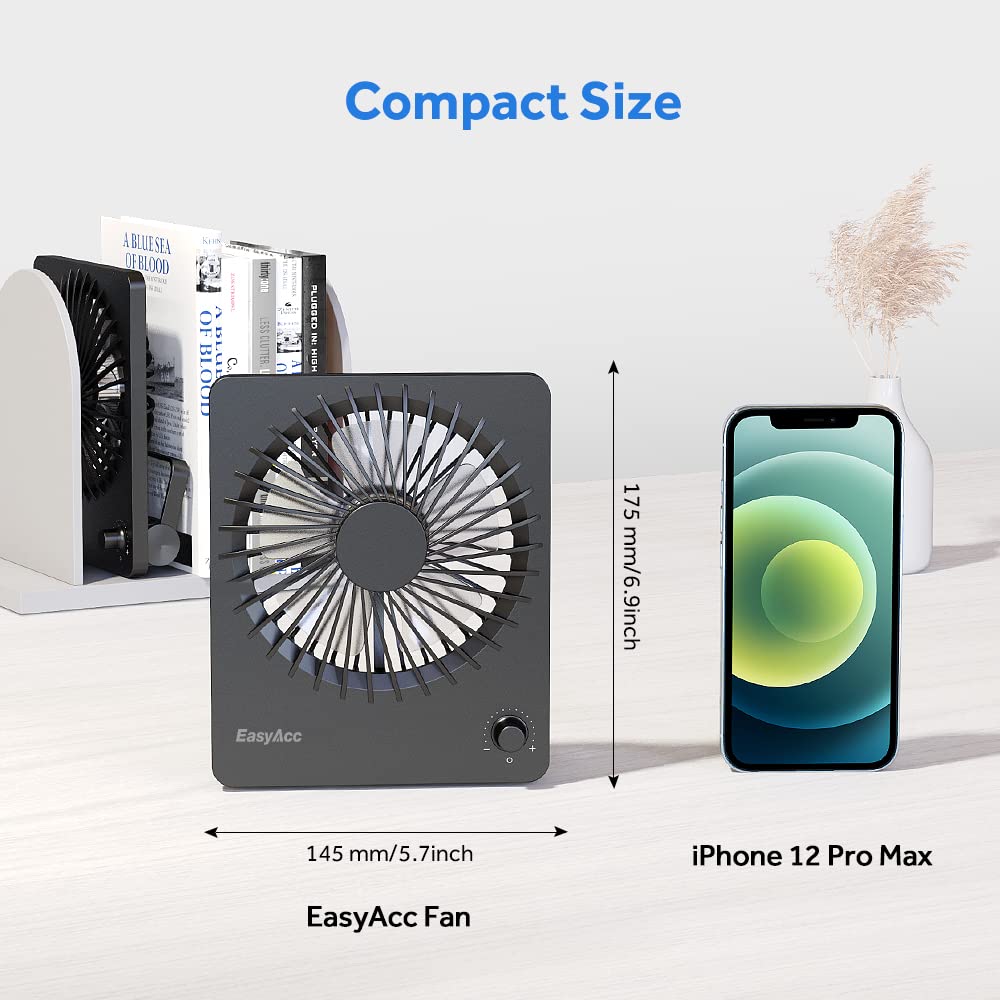 EasyAcc Portable Desk Fan Desktop Fan, Battery Operated Fan 6-Inch Foldable Travel Fan [ Ultra-Quiet Step-less Speed Control ] 160°Tilt Standing Hanging Fan for Travel Office Home Outdoor Dorm