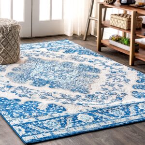 jonathan y bmf106b-5 bohemian flair boho vintage medallion indoor area-rug floral easy-cleaning high traffic bedroom kitchen living room non shedding, 5 x 8, cream/blue